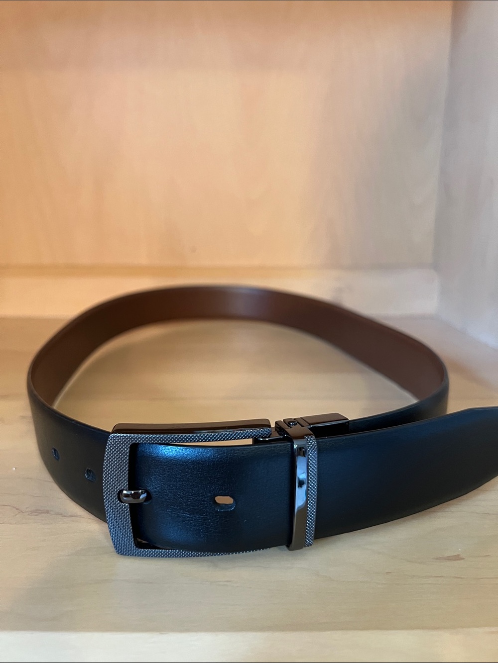 Reversible Black/Brown Leather Dress Belt with Textured Buckle